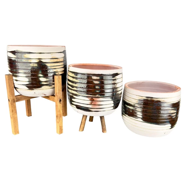 Bitki Tasarımı Yeşil Sırlı Terrakota Toprak Saksı Saksılık Salon Çiçeklik Üçlü Set- 19 CM - 5