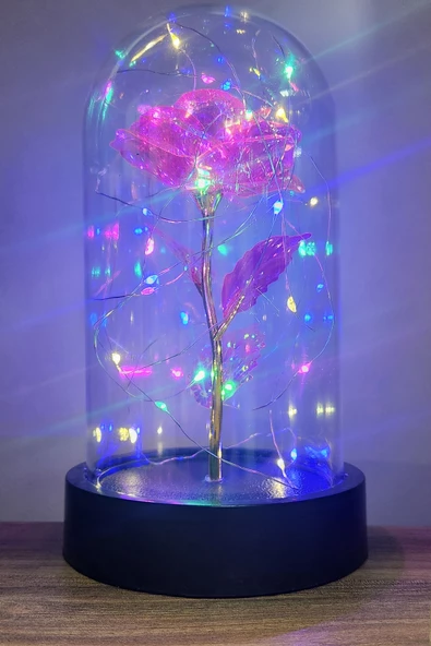 Siyah Tabanlı Led Işıklı Sevgililer Günü Solmayan Sonsuzluk Gülü Fanuslu Gece Lambası - 10