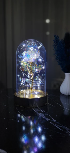 Gold Tabanlı Beyaz Led Işıklı Sevgililer Günü Solmayan Sonsuzluk Gülü Fanuslu Gece Lambası - 3
