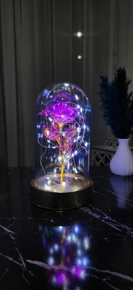Gold Tabanlı Beyaz Led Işıklı Sevgililer Günü Solmayan Sonsuzluk Gülü Fanuslu Gece Lambası - 5