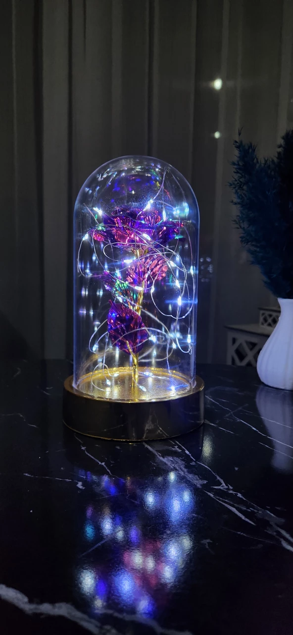 Gold Tabanlı Beyaz Led Işıklı Sevgililer Günü Solmayan Sonsuzluk Gülü Fanuslu Gece Lambası - 7