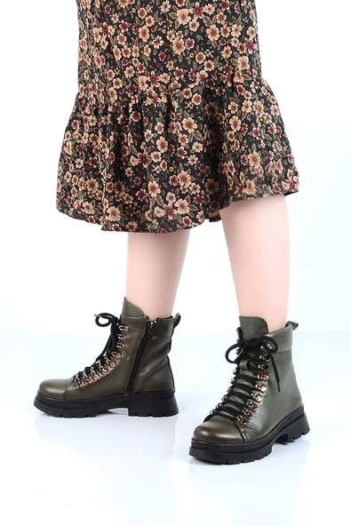 Bulldozer 240804-Z Yeşil Kürklü Deri Kadın Düz Bot - Resim 2