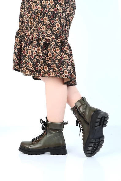 Bulldozer 240804-Z Yeşil Kürklü Deri Kadın Düz Bot - Resim 4