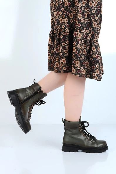 Bulldozer 240804-Z Yeşil Kürklü Deri Kadın Düz Bot - Resim 3