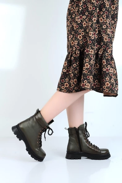 Bulldozer 240804-Z Yeşil Kürklü Deri Kadın Düz Bot ürün görseli 1