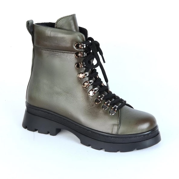Bulldozer 240804-Z Yeşil Kürklü Deri Kadın Düz Bot - Resim 6