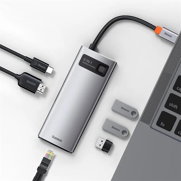 BASEUS METAL GLEAM 6IN1 CAHUB-CW0G TYPE-C HUB DOCK STATION ÇIKIŞ:3XUSB3.0/HDMI/TYPE-C/ETH RJ45 GİRİŞ:TYPE-C - 19