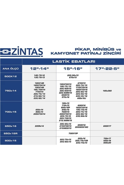 Zintaş Pikap Minibüs Ve Kamyonet Için Mahmuzlu Patinaj Zinciri 750x14 - Resim 3