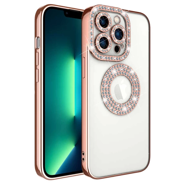 zore Apple iPhone 12 Pro Kılıf Kamera Korumalı Taş Süslemeli Arkası Şeffaf Zore Asya Kapak-Rose Gold