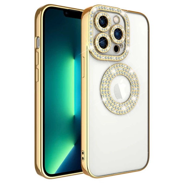 zore Apple iPhone 12 Pro Max Kılıf Kamera Korumalı Taş Süslemeli Arkası Şeffaf Zore Asya Kapak-Gold