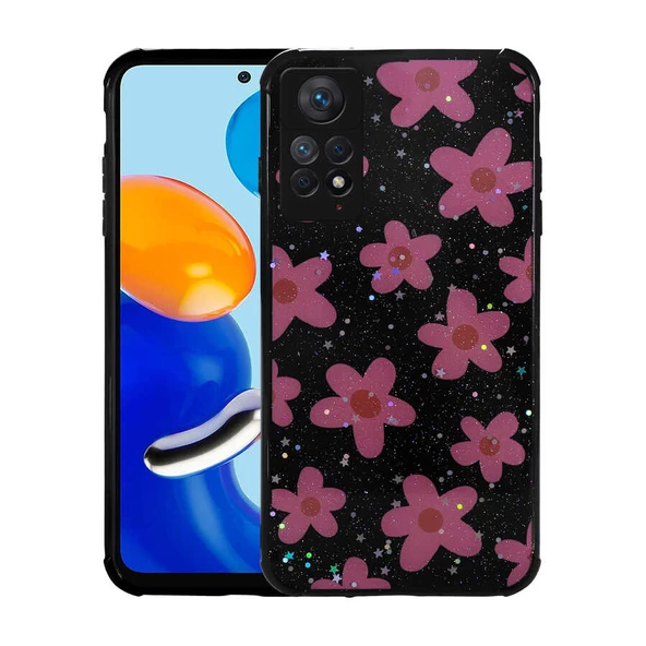 zore Xiaomi Redmi Note 11 Pro 5G Kılıf Simli Desenli Kamera Korumalı Parlak Zore Popy Kapak-Çiçek