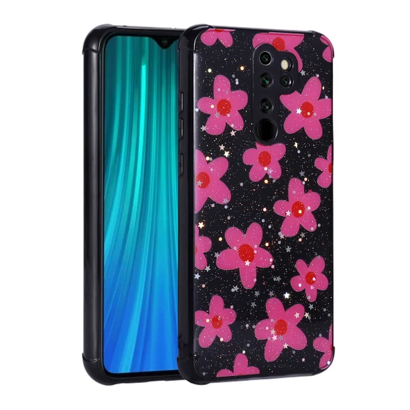 zore Xiaomi Redmi Note 8 Pro Kılıf Simli Desenli Kamera Korumalı Parlak Zore Popy Kapak-Çiçek