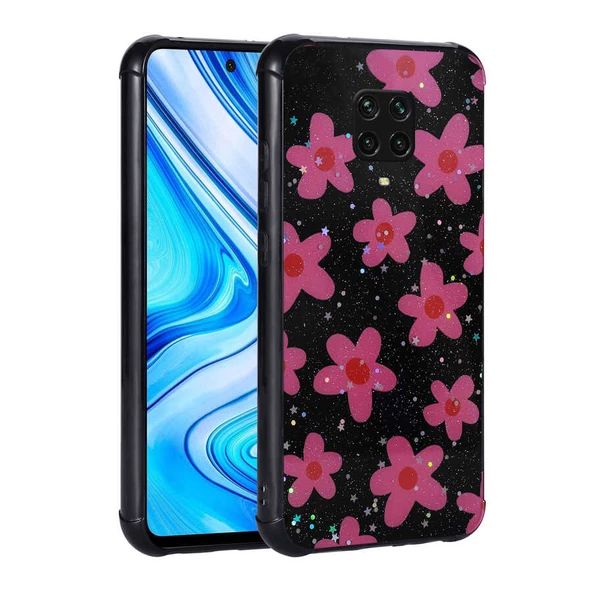 zore Xiaomi Redmi Note 9 Pro Kılıf Simli Desenli Kamera Korumalı Parlak Zore Popy Kapak-Çiçek