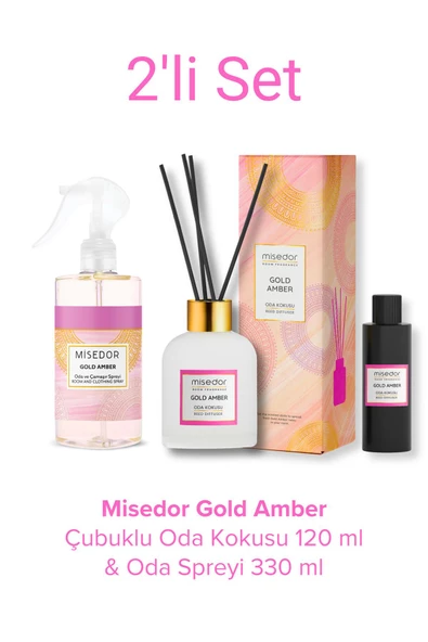 MİSEDOR 2 Li Set Gold Amber Çubuklu Oda Kokusu 120 ml & Oda Spreyi 330 ml - 2