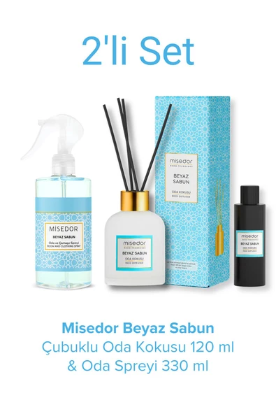 MİSEDOR 2 Li Set Beyaz Sabun Çubuklu Oda Kokusu 120 ml & Oda Spreyi 330 ml - 2