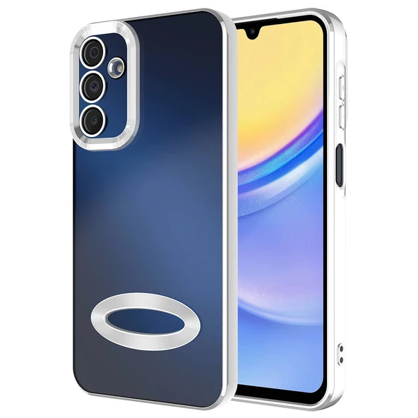 zore Galaxy A15 Kılıf Kamera Korumalı Logo Gösteren Zore Omega Kapak-Gümüş