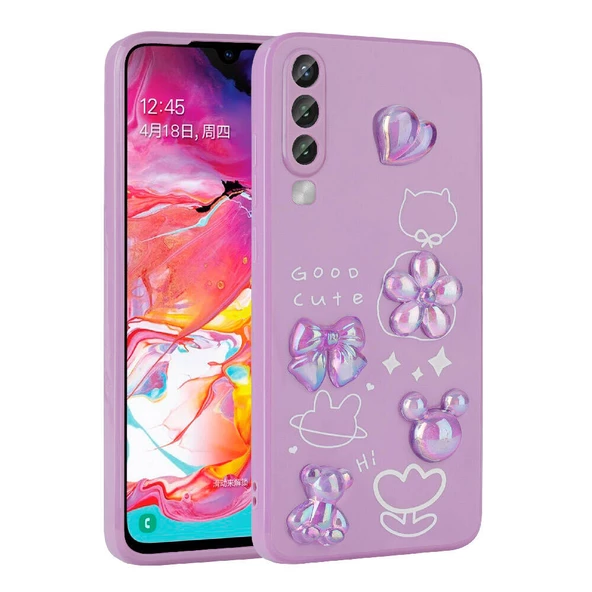 zore Galaxy A70 Kılıf Kabartma Figürlü Parlak Zore Toys Silikon Kapak-Mor