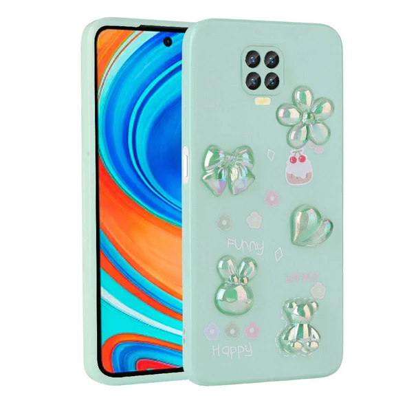 zore Xiaomi Redmi Note 9S Kılıf Kabartma Figürlü Parlak Zore Toys Silikon Kapak-Açık Yeşil