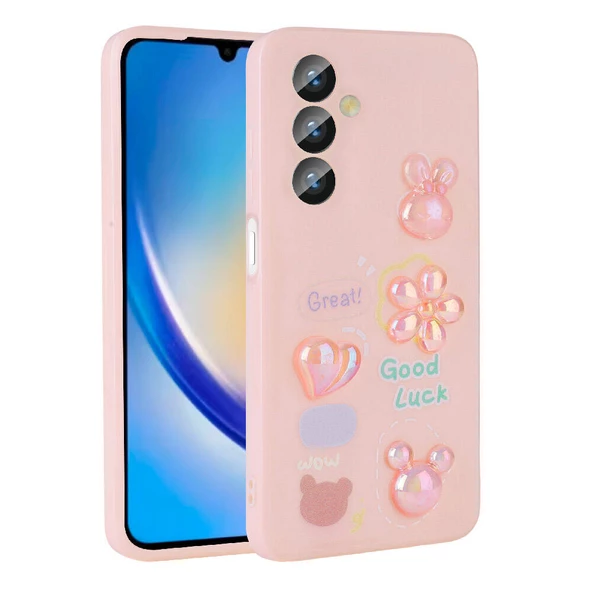 zore Galaxy A34 Kılıf Kabartma Figürlü Parlak Zore Toys Silikon Kapak-Pembe