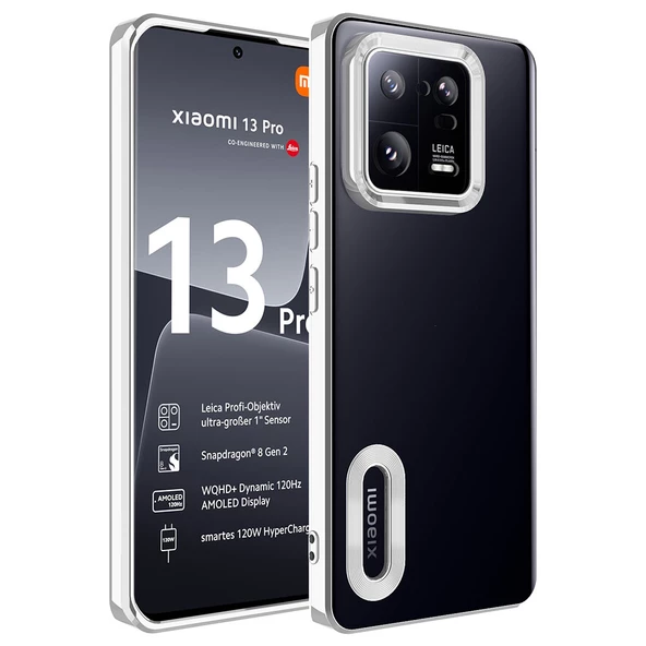 zore Xiaomi Mi 13 Pro Kılıf Kamera Korumalı Logo Gösteren Zore Omega Kapak-Gümüş