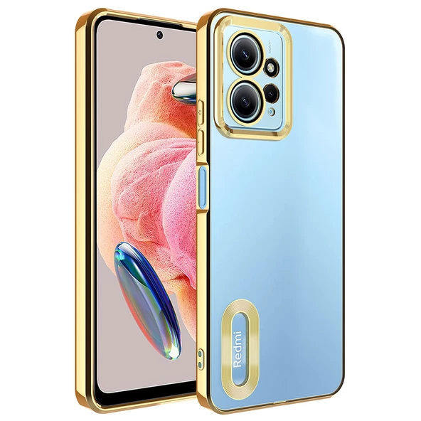 zore Xiaomi Redmi Note 12 4G Kılıf Kamera Korumalı Logo Gösteren Zore Omega Kapak-Gold