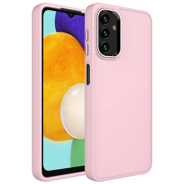 zore Galaxy A04 Kılıf Metal Çerçeve ve Buton Tasarımlı Silikon Zore Luna Kapak-Pembe