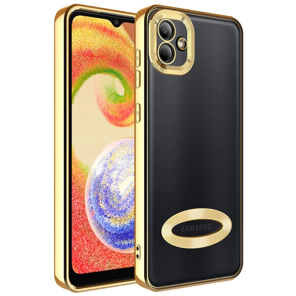 zore Galaxy A04 Kılıf Kamera Korumalı Logo Gösteren Zore Omega Kapak-Gold