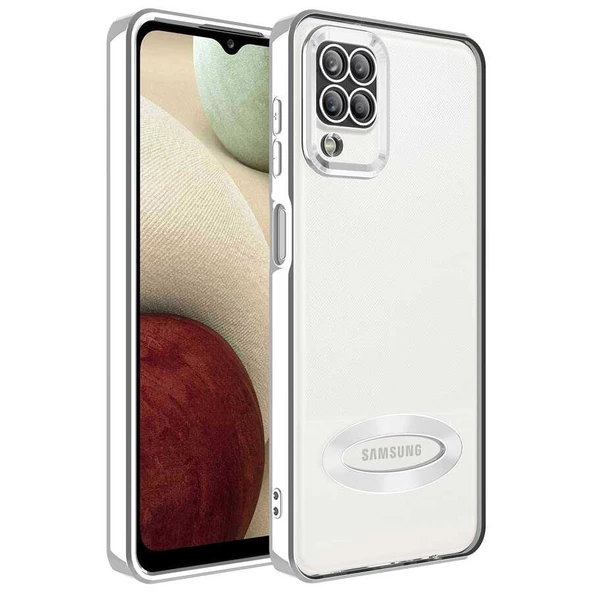 zore Galaxy M12 Kılıf Kamera Korumalı Logo Gösteren Zore Omega Kapak-Gümüş