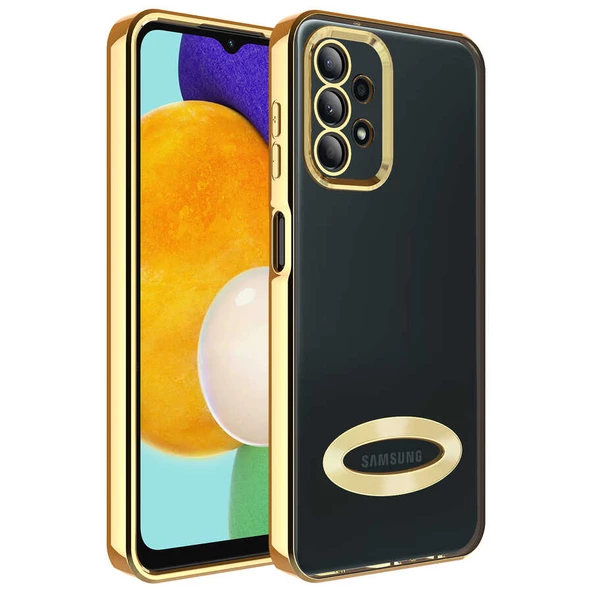 zore Galaxy A23 Kılıf Kamera Korumalı Logo Gösteren Zore Omega Kapak-Gold