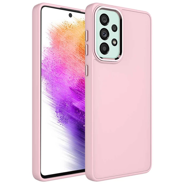 zore Galaxy A73 Kılıf Metal Çerçeve ve Buton Tasarımlı Silikon Zore Luna Kapak-Pembe