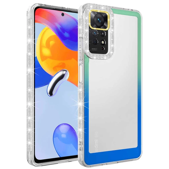 zore Xiaomi Redmi Note 11 Pro 5G Kılıf Simli ve Renk Geçiş Tasarımlı Lens Korumalı Zore Park Kapak-Yeşil-