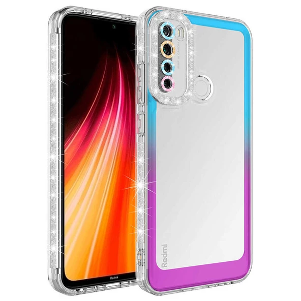 zore Xiaomi Redmi Note 8 Kılıf Simli ve Renk Geçiş Tasarımlı Lens Korumalı Zore Park Kapak-Mavi-Mor