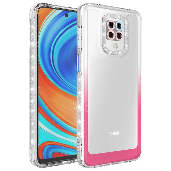 zore Xiaomi Redmi Note 9 Pro Kılıf Simli ve Renk Geçiş Tasarımlı Lens Korumalı Zore Park Kapak-Beyaz-Pemb