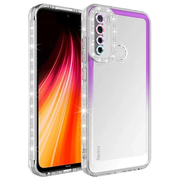 zore Xiaomi Redmi Note 8 Kılıf Simli ve Renk Geçiş Tasarımlı Lens Korumalı Zore Park Kapak-Mor-Beyaz