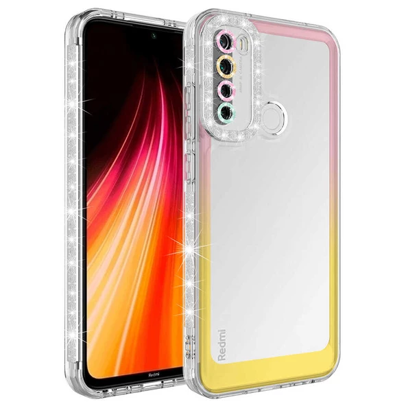 zore Xiaomi Redmi Note 8 Kılıf Simli ve Renk Geçiş Tasarımlı Lens Korumalı Zore Park Kapak-Pembe-Sarı