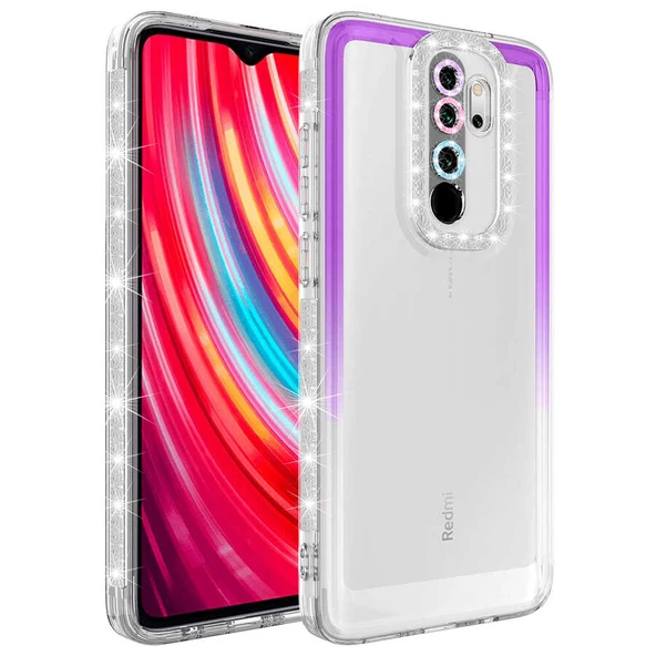 zore Xiaomi Redmi Note 8 Pro Kılıf Simli ve Renk Geçiş Tasarımlı Lens Korumalı Zore Park Kapak-Mor-Beyaz