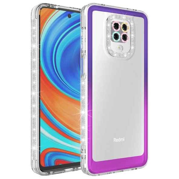 zore Xiaomi Redmi Note 9 Pro Kılıf Simli ve Renk Geçiş Tasarımlı Lens Korumalı Zore Park Kapak-Mor-Pembe