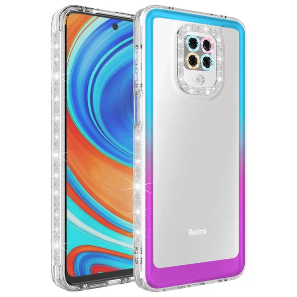 zore Xiaomi Redmi Note 9 Pro Kılıf Simli ve Renk Geçiş Tasarımlı Lens Korumalı Zore Park Kapak-Mavi-Mor