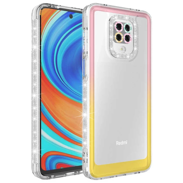 zore Xiaomi Redmi Note 9 Pro Kılıf Simli ve Renk Geçiş Tasarımlı Lens Korumalı Zore Park Kapak-Pembe-Sarı