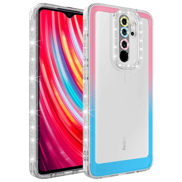 zore Xiaomi Redmi Note 8 Pro Kılıf Simli ve Renk Geçiş Tasarımlı Lens Korumalı Zore Park Kapak-Pembe-Mavi