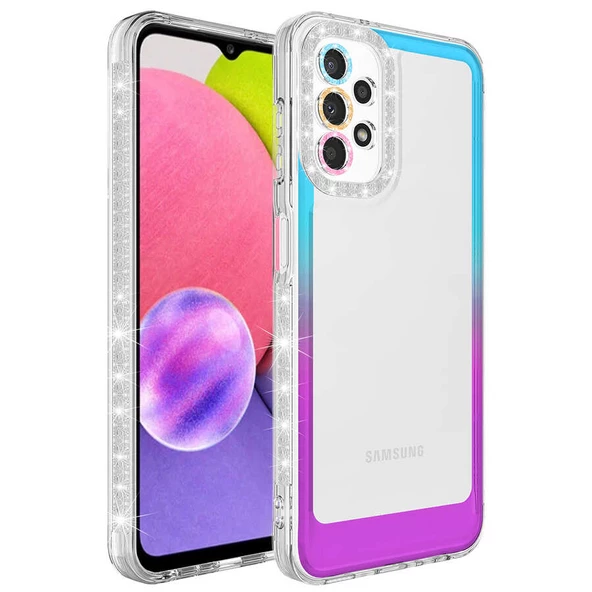 zore Galaxy A23 Kılıf Simli ve Renk Geçiş Tasarımlı Lens Korumalı Zore Park Kapak-Mavi-Mor