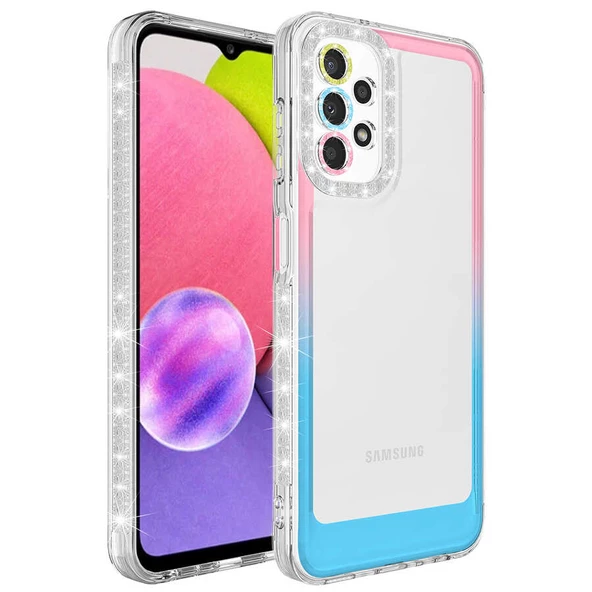 zore Galaxy A23 Kılıf Simli ve Renk Geçiş Tasarımlı Lens Korumalı Zore Park Kapak-Pembe-Mavi