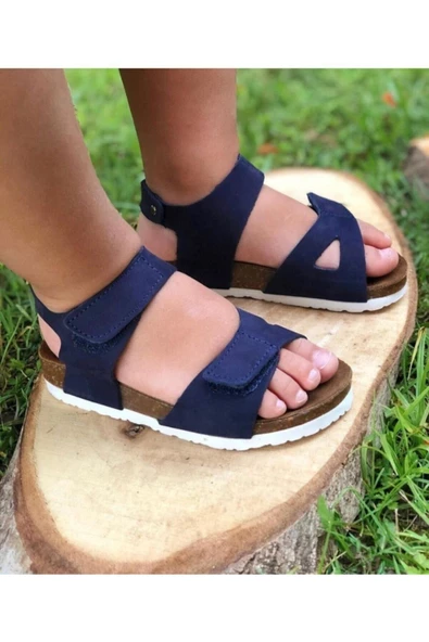 Unisex Çocuk Lacivert Hakiki Deri Ortopedik Sandalet