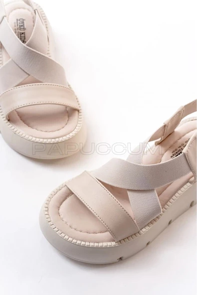 Kız Çocuk Bej Hafif Lastikli Ortopedik Sandalet - 3