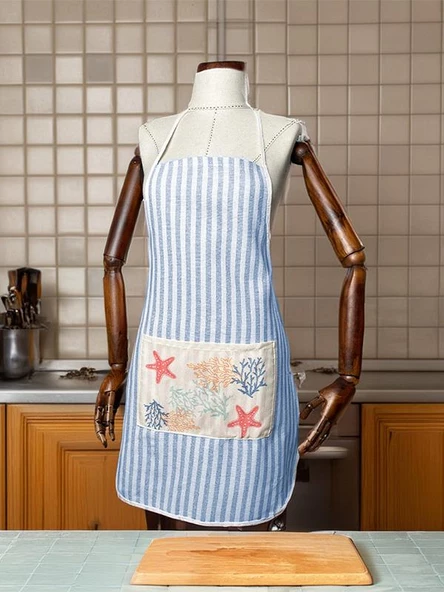 Mavi Beyaz Çizgili Cepli Deniz Temalı Mutfak Önlüğü - Resim 2