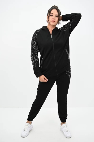 Kadın Büyük Beden Kapüşonlu Taş Süsleme Detaylı Eşofman Takımı 8129-25 - 4