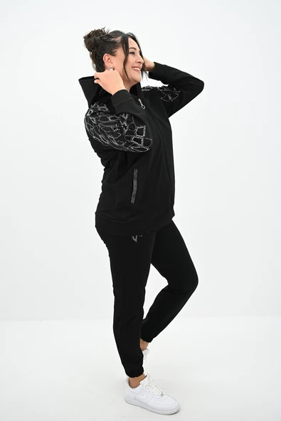 Kadın Büyük Beden Kapüşonlu Taş Süsleme Detaylı Eşofman Takımı 8129-25 - 5