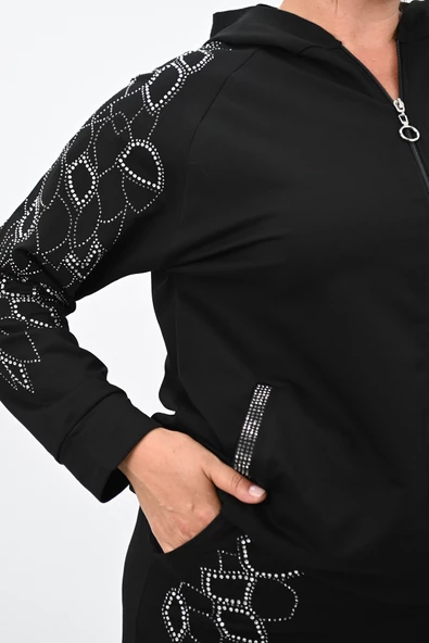 Kadın Büyük Beden Kapüşonlu Taş Süsleme Detaylı Eşofman Takımı 8129-25 - 7