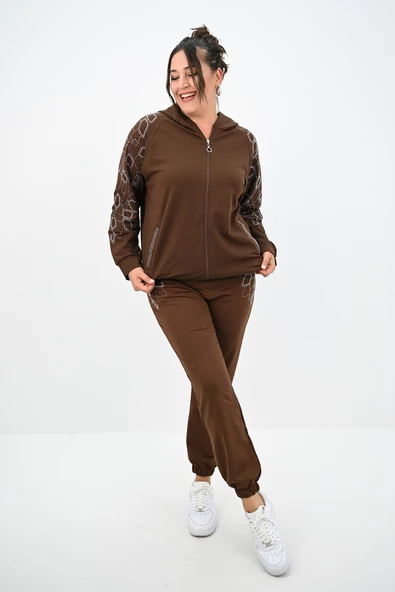 Kadın Büyük Beden Kapüşonlu Taş Süsleme Detaylı Eşofman Takımı 8129-25 - 10