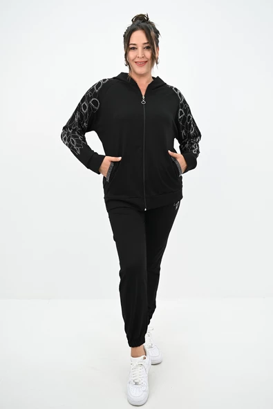 Kadın Büyük Beden Kapüşonlu Taş Süsleme Detaylı Eşofman Takımı 8129-25 - 2